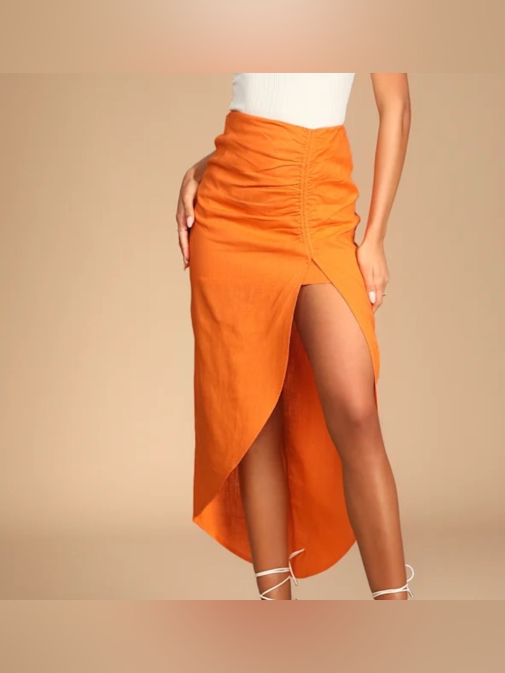 Lulus Stun and Sand Bright Orange Ruched Linen Midi Skirt, Medium